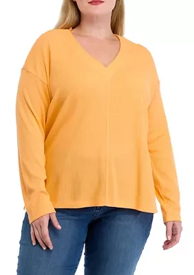 Plus Long Sleeve V-Neck Seam Front Top