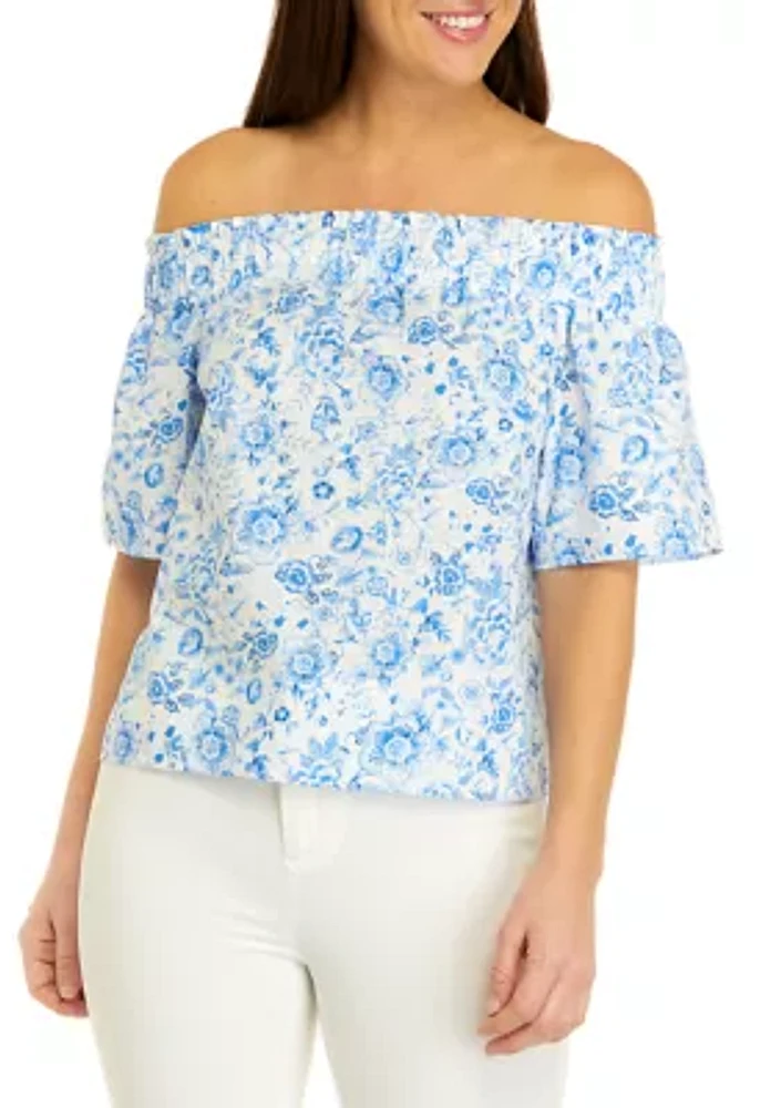 Women's Short Puff Sleeve Floral Print Top