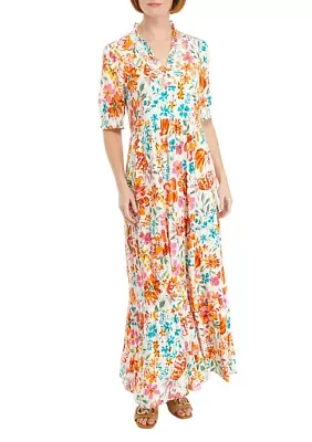 Women's Smocked Printed Ruffle Neck Dress