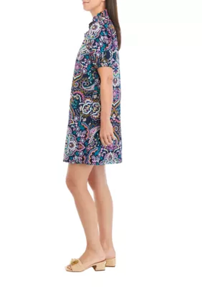 Women's Puff Sleeve Printed Ruffle Neck Dress