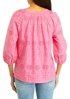 Women's Solid Eyelet Peasant Top