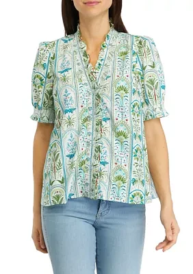 Women's Printed Smocked Ruffle Neck Blouse