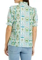 Women's Printed Smocked Ruffle Neck Blouse