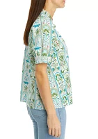 Women's Printed Smocked Ruffle Neck Blouse