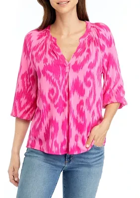 Women's Printed Split Neck Peasant Top