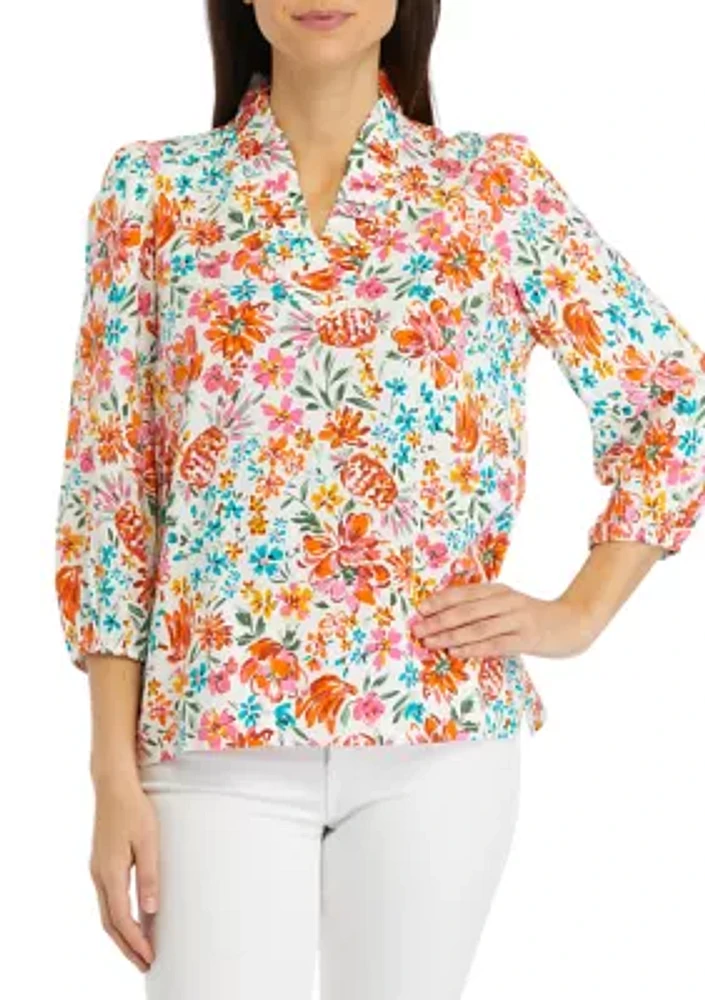 Women's Ruffle Neck Printed Top