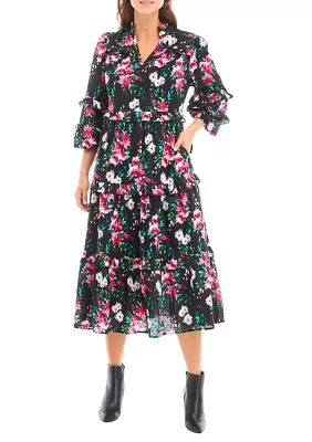 Women's Long Ruffle Sleeve Printed Dress