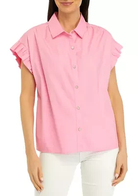 Women's Solid Ruffle Button Down Blouse