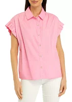 Women's Solid Ruffle Button Down Blouse