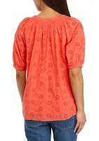 Women's Short Sleeve Peasant Eyelet Top