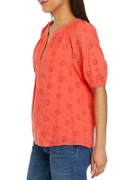 Women's Short Sleeve Peasant Eyelet Top