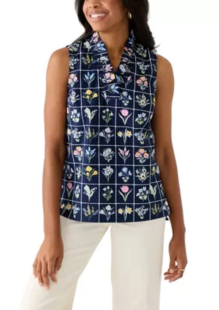 Women's Sleeveless Eyelet Ruffle Neck Printed Top