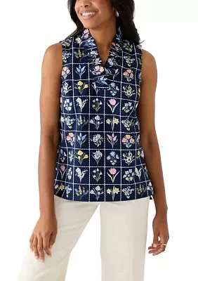 Women's Sleeveless Eyelet Ruffle Neck Printed Top