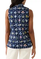 Women's Sleeveless Eyelet Ruffle Neck Printed Top