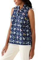 Women's Sleeveless Eyelet Ruffle Neck Printed Top