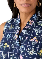 Women's Sleeveless Eyelet Ruffle Neck Printed Top