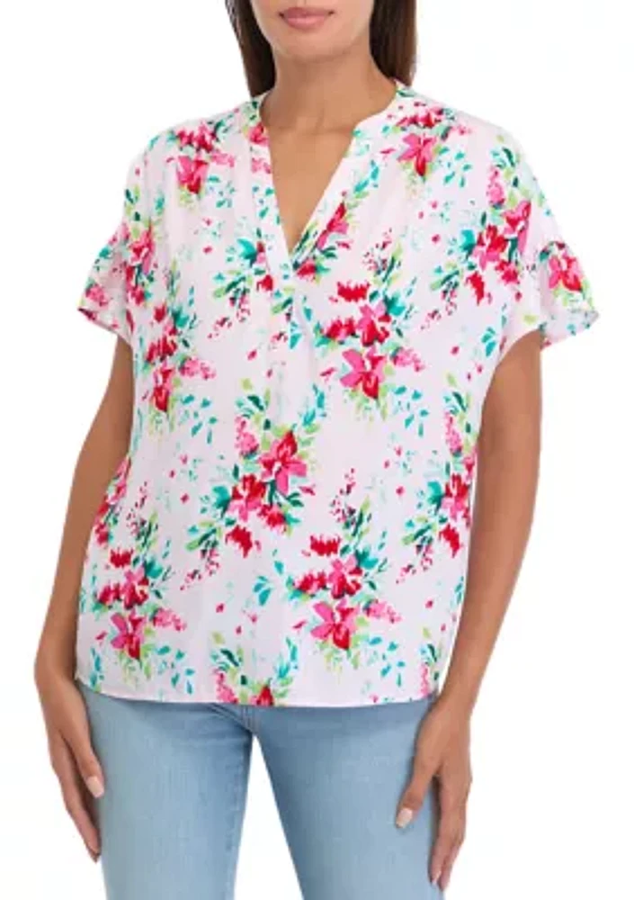 Women's Flutter Sleeve Ruffle Floral Top