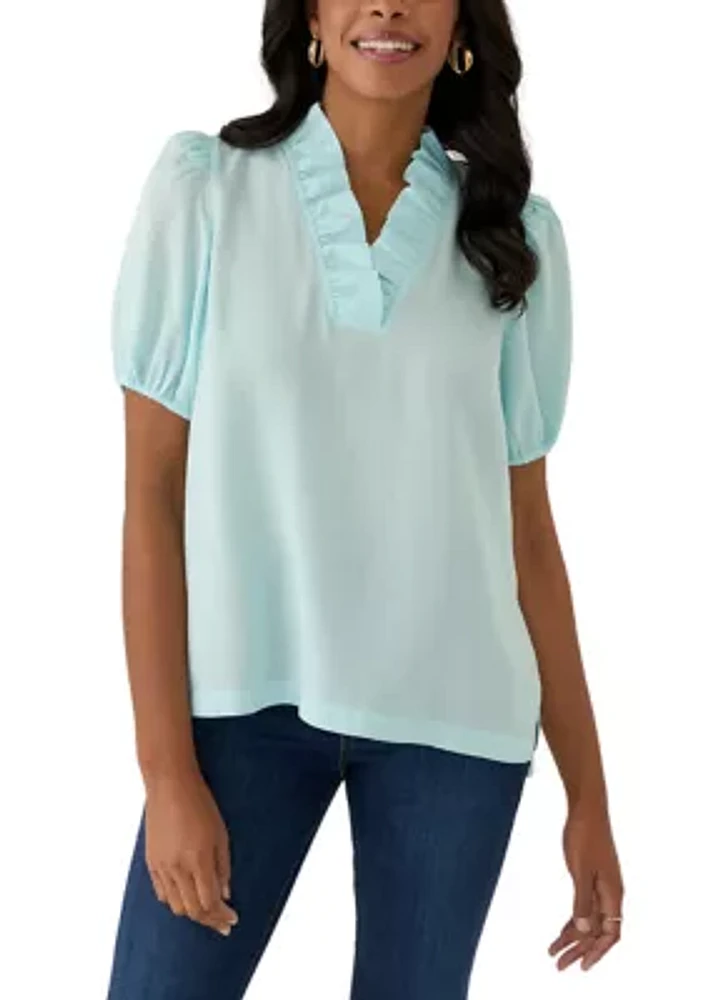 Women's Puff Sleeve Ruffle Split Neck Top