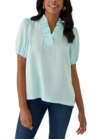 Women's Puff Sleeve Ruffle Split Neck Top
