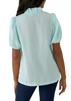 Women's Puff Sleeve Ruffle Split Neck Top
