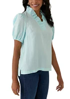 Women's Puff Sleeve Ruffle Split Neck Top