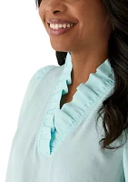 Women's Puff Sleeve Ruffle Split Neck Top