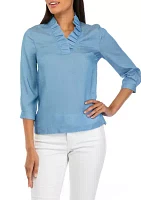 Petite 3/4 Sleeve Ruffle Neck Top