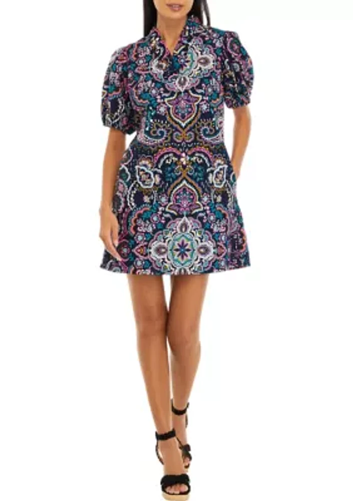 Petite Puff Sleeve Ruffle Neck Printed Dress