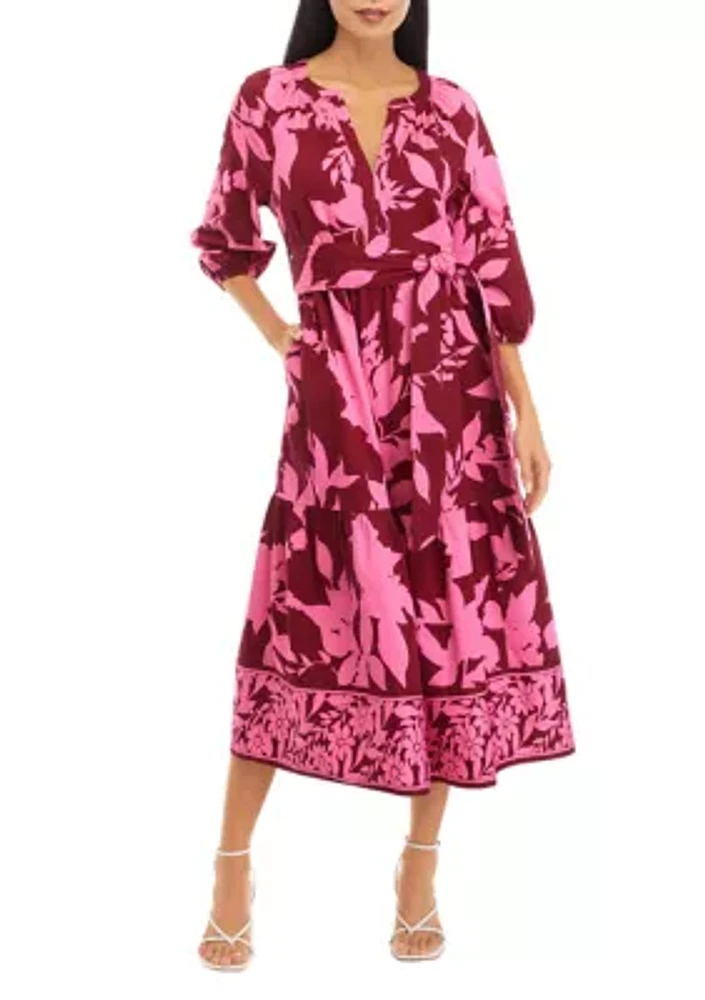 Petite 3/4 Sleeve Printed Peasant Dress