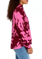 Petite Long Sleeve Ruffle Neck Printed Top