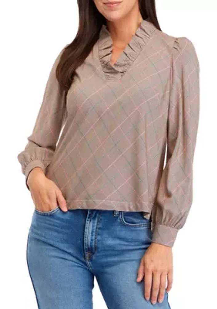 Petite Ruffle V-Neck Plaid Top