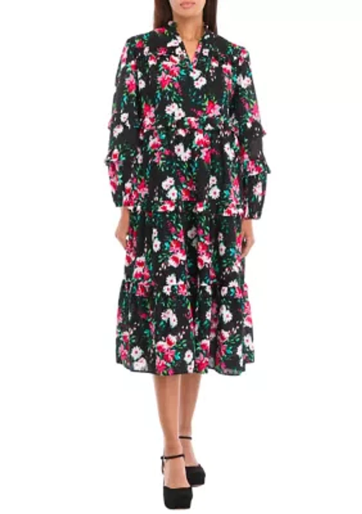 Petite Long Sleeve Floral Midi Dress