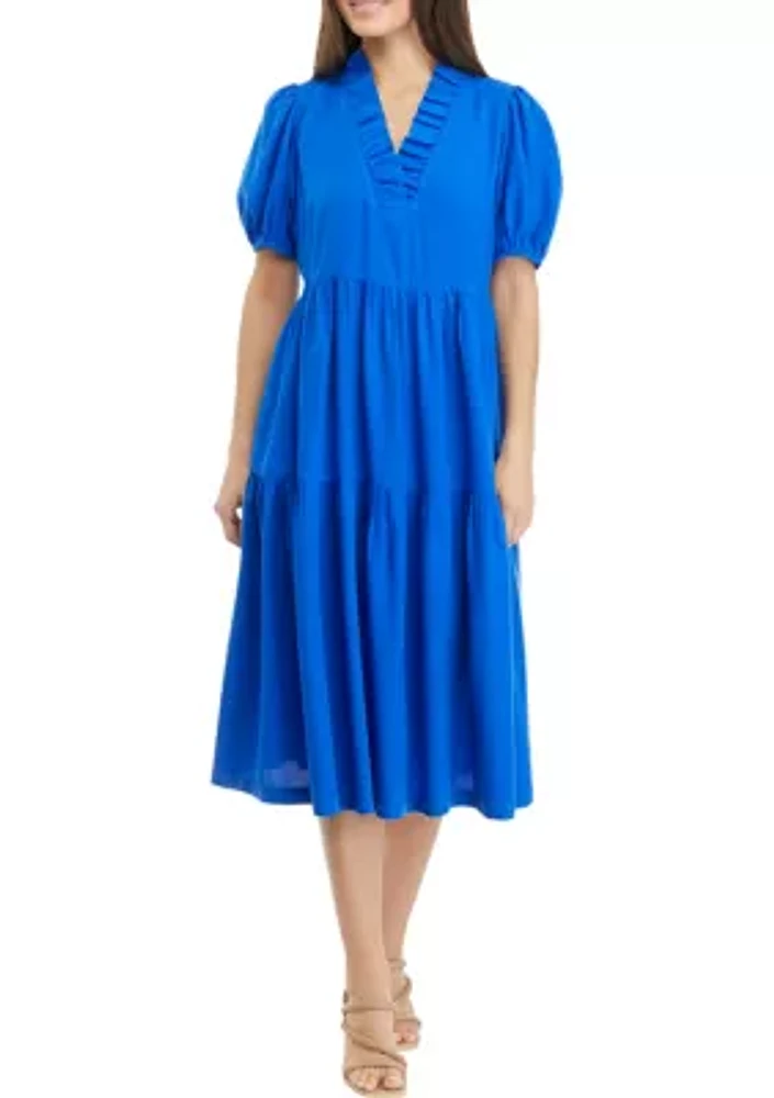 Petite Short Sleeve Midi Ruffle Neck Dress