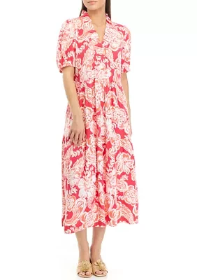 Petite Printed Midi Ruffle Neck Dress