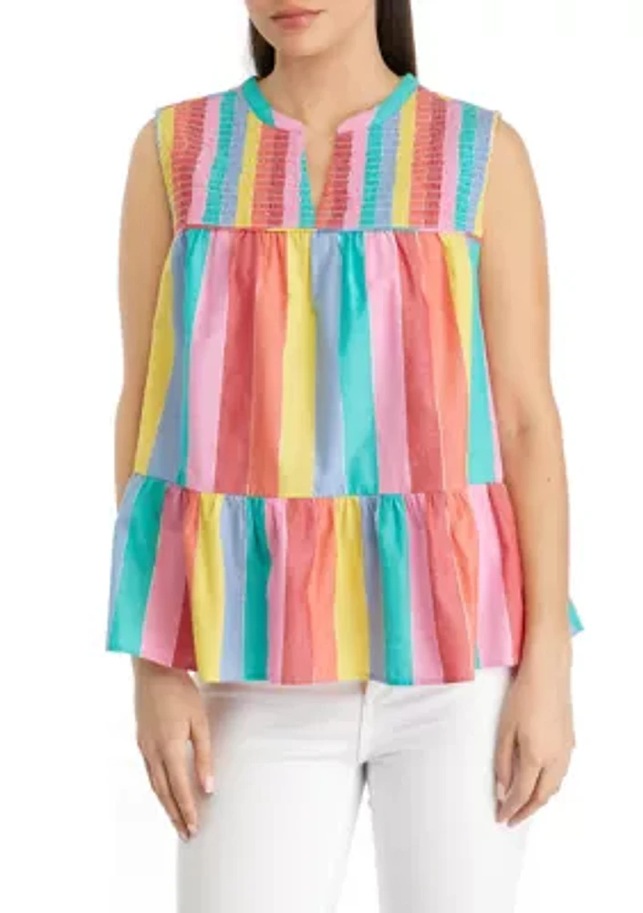 Petite Printed Sleeveless Smocked Peasant Top