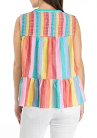 Petite Printed Sleeveless Smocked Peasant Top