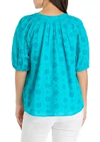 Petite Short Puff Sleeve Eyelet Peasant Top