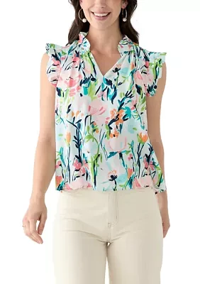 Petite Flutter Sleeve Split Neck Printed Top