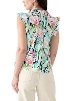 Petite Flutter Sleeve Split Neck Printed Top