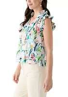 Petite Flutter Sleeve Split Neck Printed Top