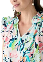 Petite Flutter Sleeve Split Neck Printed Top