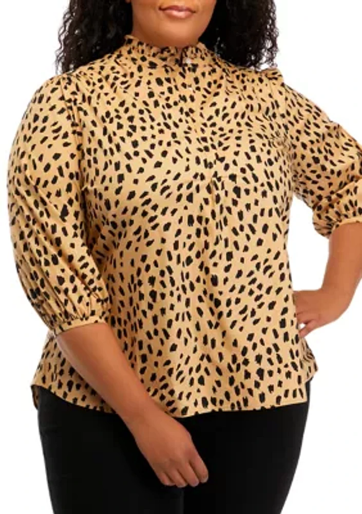 Plus 3/4 Sleeve Animal Print Mock Neck Top