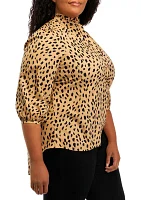 Plus 3/4 Sleeve Animal Print Mock Neck Top