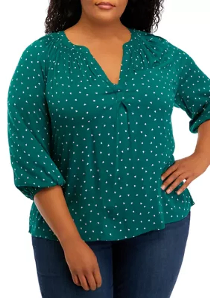 Plus Puff Sleeve Printed Peasant Top