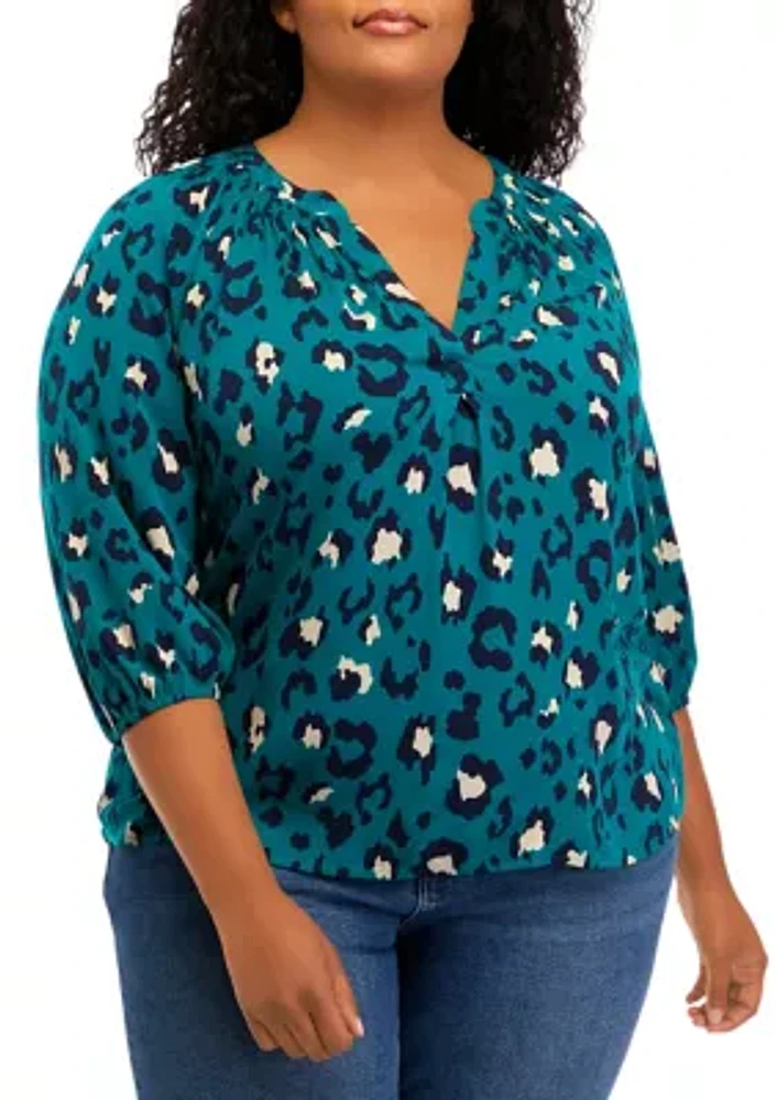 Plus 3/4 Sleeve Printed Peasant Top