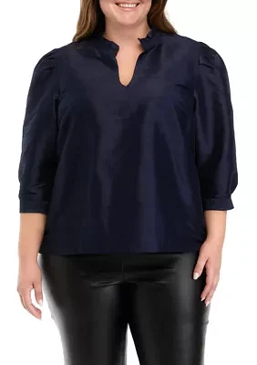 Plus Blouson Sleeve Ruffle Neck Top