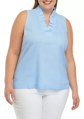 Plus Ruffle Neck Linen Top