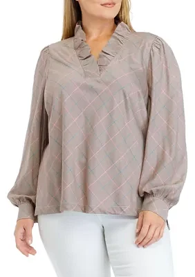 Plus Long Sleeve Ruffle Neck Printed Top