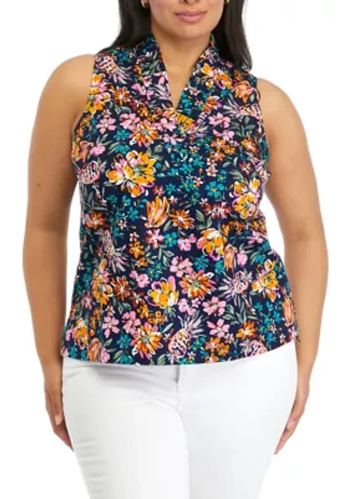 Plus Printed Ruffle Neck Top