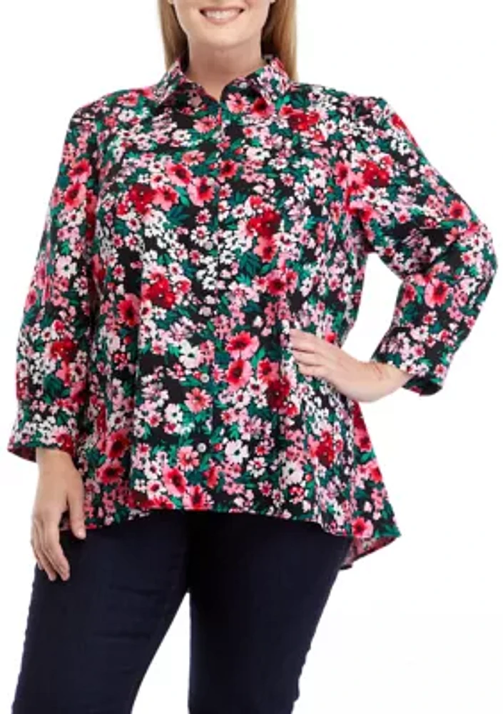 Plus 3/4 Sleeve Printed Button Down Shirt